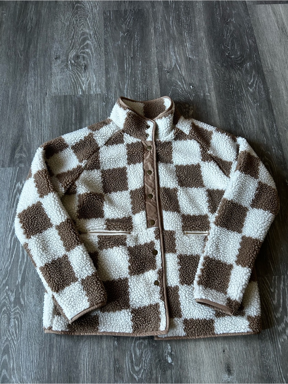 Checkerboard Sherpa Jacket - Brown & Cream